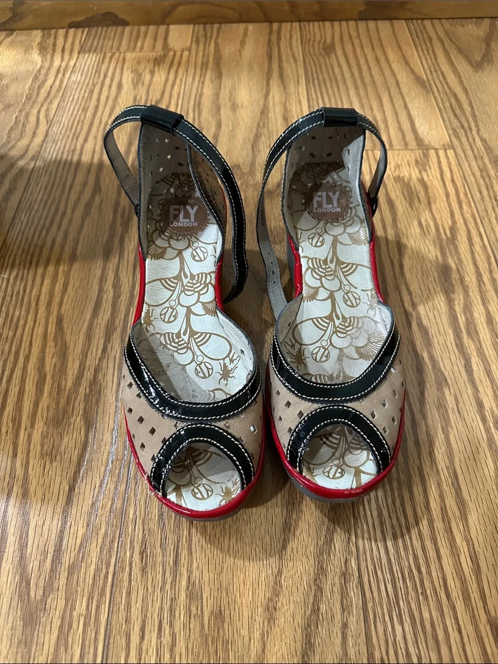 Fly London Beige, Black and Red Peep-Toe Wedge Sandals